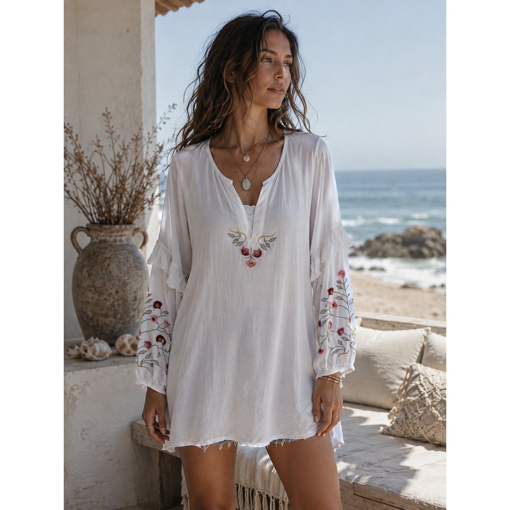 Boho Beachy Swim Cotton Artizara White Floral Embroidered Ruffles M/L‎ Tunic Top